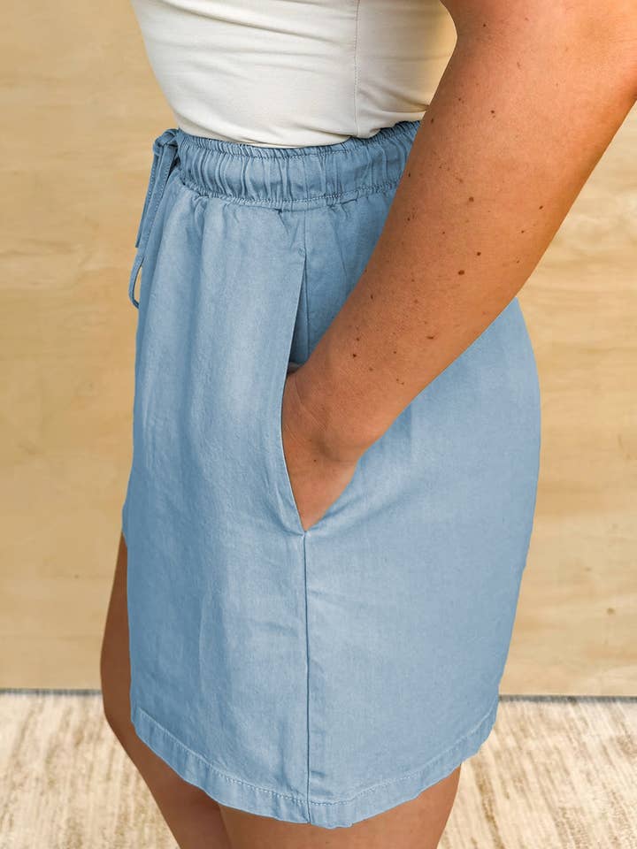 Beau Blue Washed Chambray Drawstring Elastic Waist Plus Size Shorts for wholesale on Faire2