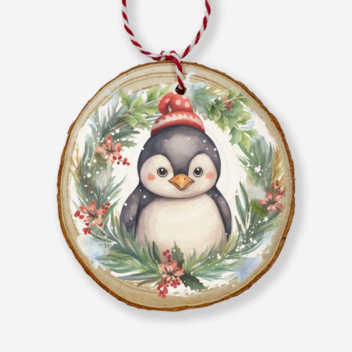 Hangout Home - Wholesale Ornament - Penguin Wreath Wood Ornament - Cute Animal Christmas Decor1