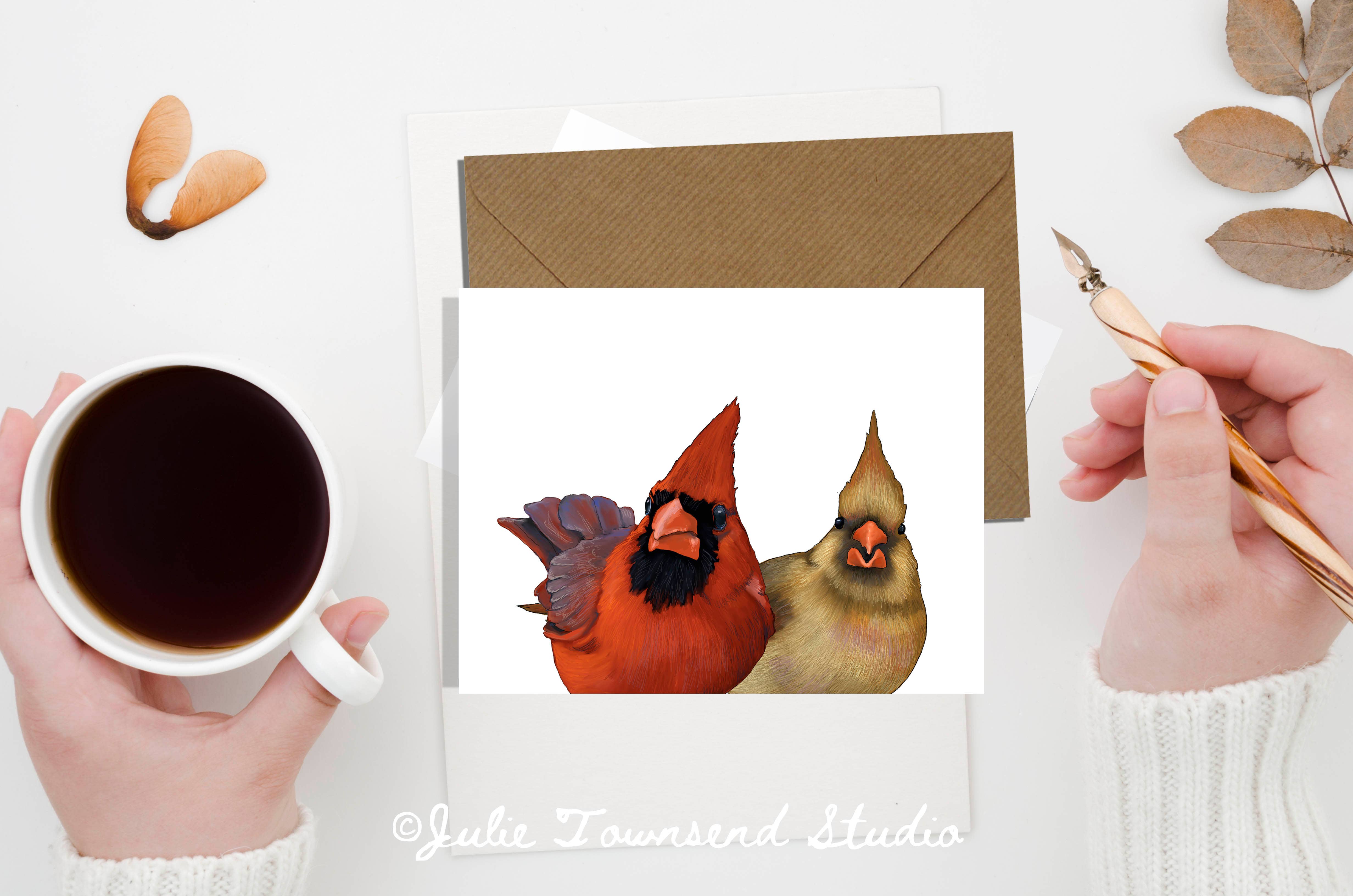 Julie Townsend Studio - Wholesale Stationery/Notecard Set - A2 Card Set  - CARDINAL LOVE BIRDS - Set of 10 Cards 1