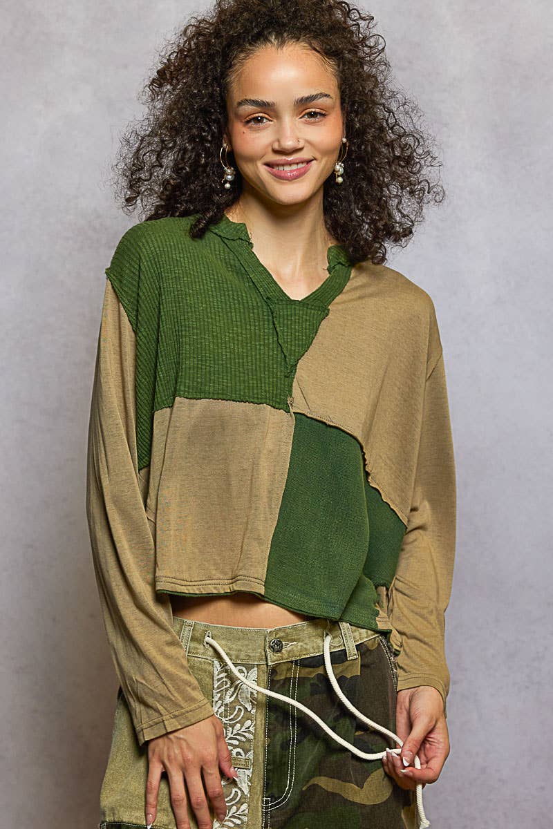 Pol Clothing - Wholesale Knit Top - Women's - Notched neck contrast fabric long sleeve top7