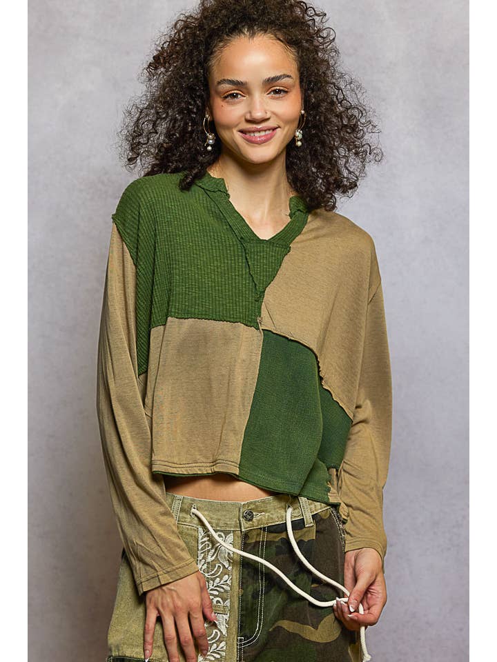 Pol Clothing - Wholesale Knit Top - Women's - Notched neck contrast fabric long sleeve top7