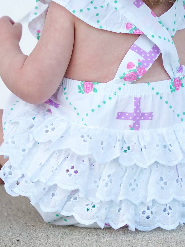 Posh Pickle – wholesale Bodysuit (non-footed) – Baby – Grace Cross Print Eyelet Ruffled Bubble1