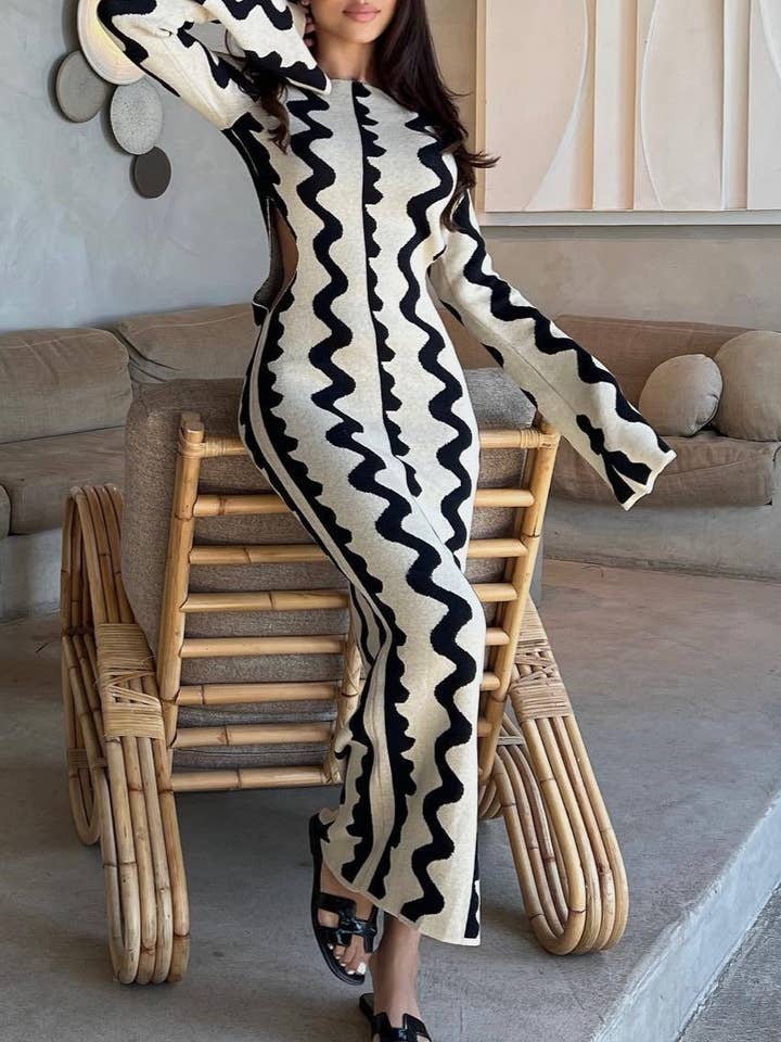 Wave-Pattern Knitted High-Waisted Long-Sleeved Dress for wholesale by HIDDENBRAND