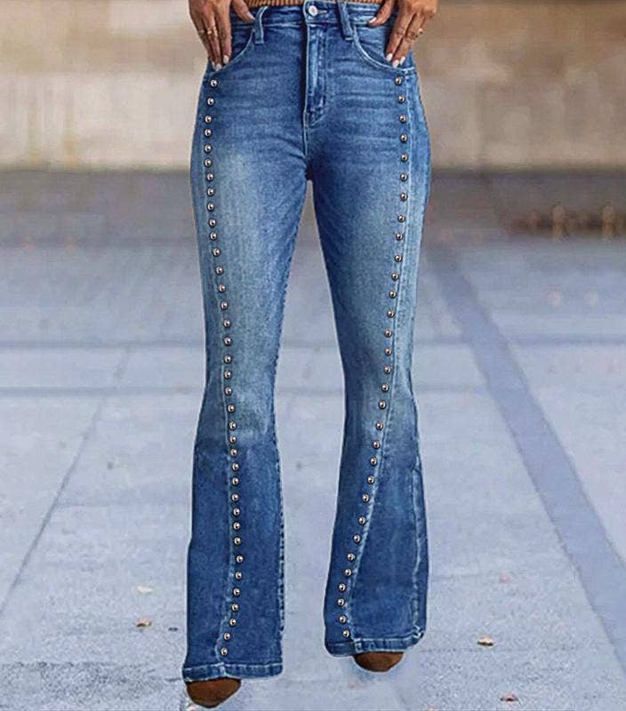 Blue High-waisted studded bootcut jeans for wholesale on Faire7