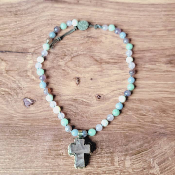 Rose Quartz Cross Tibetan Pendant Beaded Necklace for wholesale by ZINC Designs