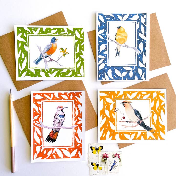 Ensemble de 10 cartes de correspondance avec motifs d'oiseaux pour la vente par Hen and Chick Art