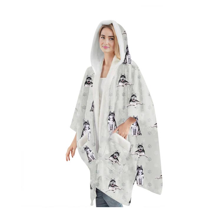 Siberian Husky Snugg Wraps med hætte – Ultra blød Sherpa fleece wrap til kæledyrselskere for engroshandel hos E&S Pets