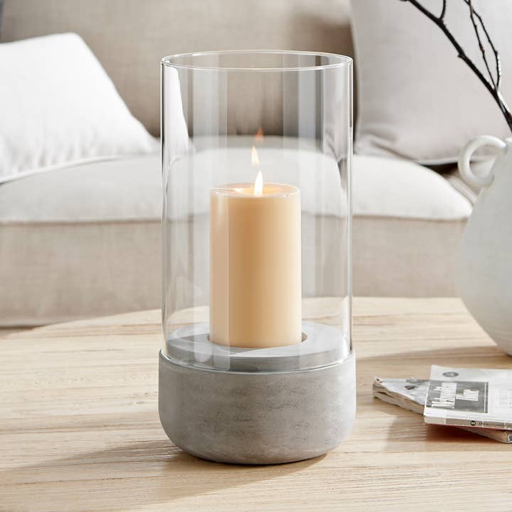 Modern Cool Gray Cement Base Glass Pillar Candle Holder for wholesale by Danya B