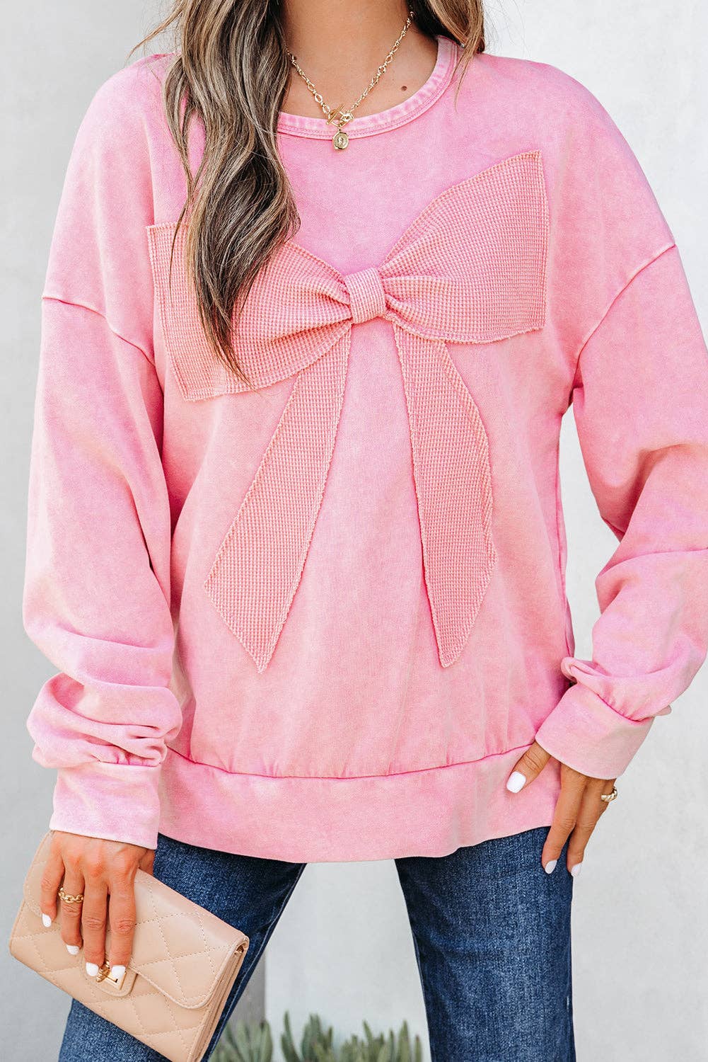 PRETTY BASH – wholesale Sweatshirt – Women's – Solid Bow Patchwork Mineral Wash Sweatshirt14