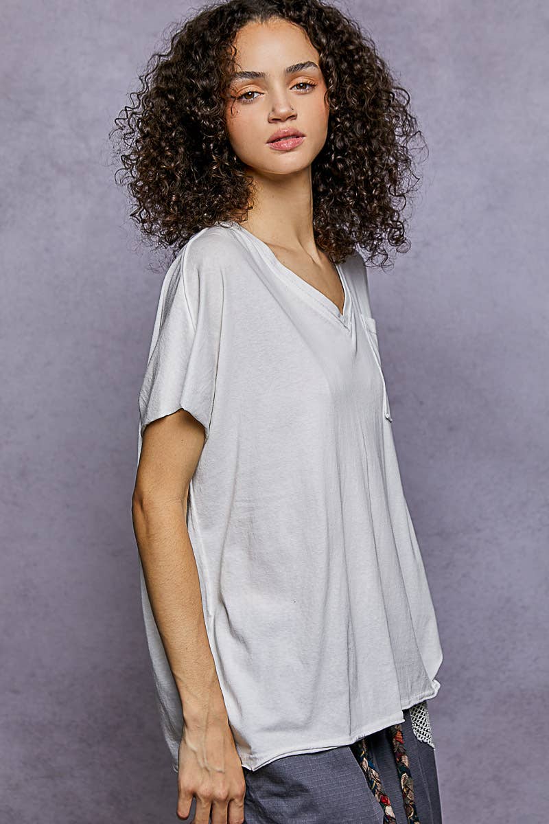 Pol Clothing - Wholesale T-Shirt - Women's - Oversized v-neck front pocket short sleeve solid top SALE12