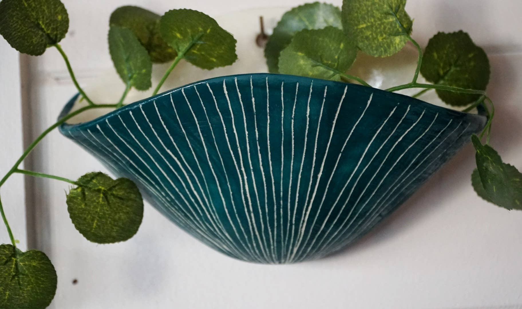 Half Light Honey - Wholesale Wall Planter - Vertical Line Wall Planter in Glazed Teal & White3