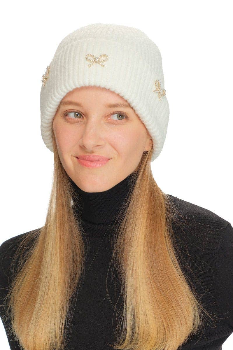 MiMi Wholesale - Wholesale Beanie - Women's - HTE0148 Three Pearl Bow Charm Cuff Beanie5