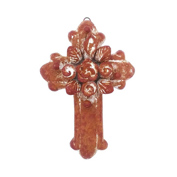 Pottery Cross With Flower Bouquet - Rustic Finish for wholesale by Sedona Spirit