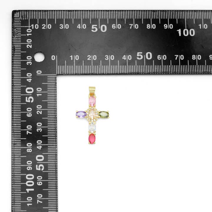 BestBeads&Beyond - Wholesale Individual Charm/Pendant - Gold Colorful Oval CZ Cross Charm Pendant, Sku#LD640