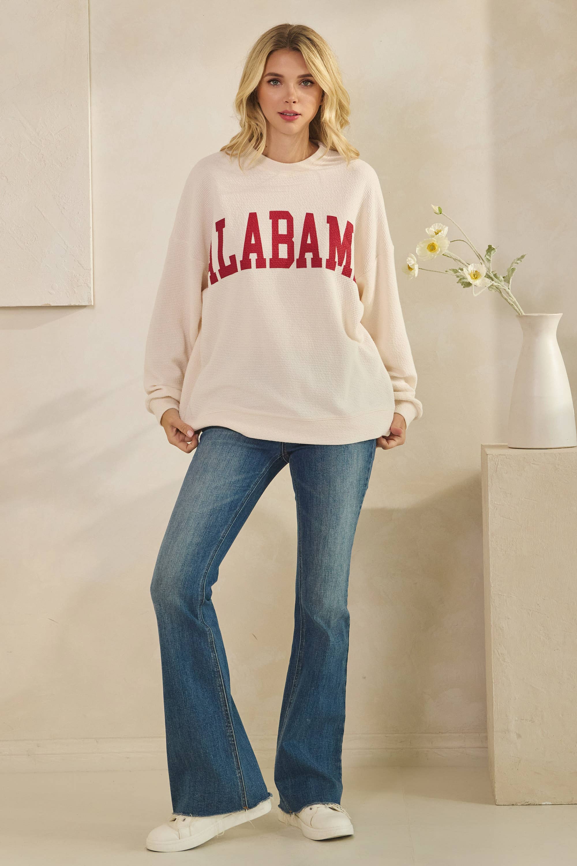Cream T-42054 (ALABAMA CLOUDY KNIT GRAPHIC L/S TOP) for wholesale on Faire7