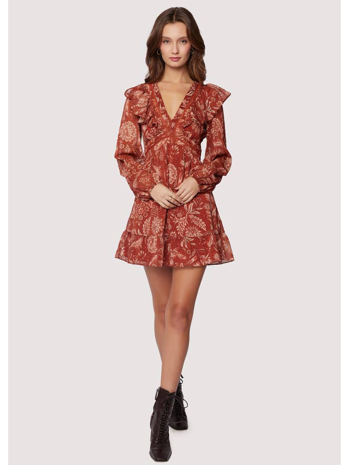 Florencia Mini Dress - Rust Fall V-Neck Long Slv Ruffle for wholesale on Faire