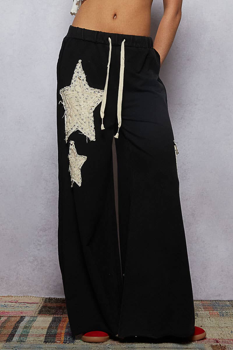 Pol Clothing - Wholesale Pants - Women's - French Terry Vintage Washing Star Patch Casual Wide Pants0