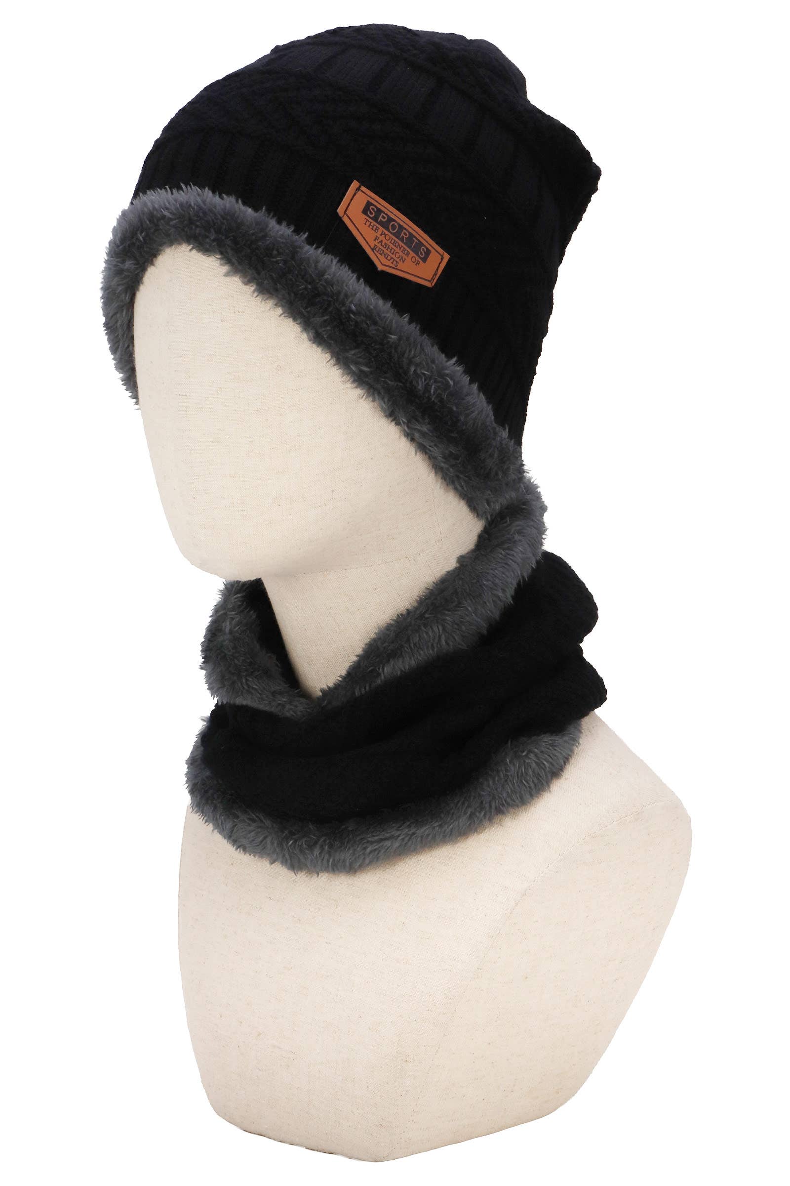 ASSORTED Dark Neutral Cable Knitted Fur Beanie Scarf - 2 Piece Set for wholesale on Faire5