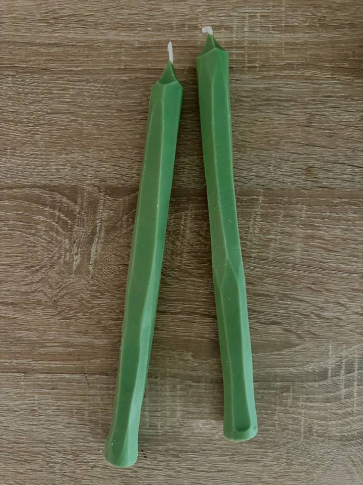 Hand carved Festive Green tapered candle sticks, soy wax for wholesale by SoieLondon