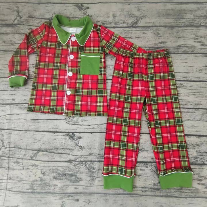 Aier Wholesale - Wholesale Sleepwear Set - Kids - Baby boys Christmas red green plaid pajamas sets