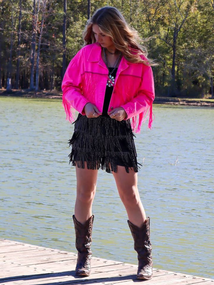 Veste courte ornée de franges, de cristaux et de sequins The Only One MK168 pour la vente par GoldenU