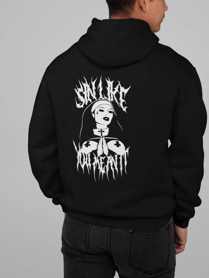 Sin Like You Mean It, Goth Alternative Satanic Nun Hoodie for wholesale by Wickedly Divine Shop