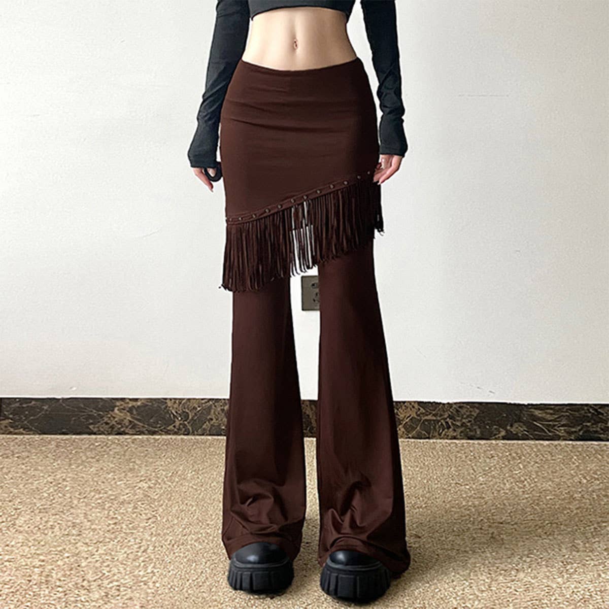 BROWN SOLID COLOR CASUAL BELL BOTTOMS WITH FRINGE DROP for wholesale on Faire0