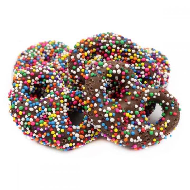 Long Island Candy Factory - Venta al por mayor Dulces con chocolate - Asher Nonpareils de Chocolate con Leche y Pretzel Arcoíris 6 lb 85 PIEZAS