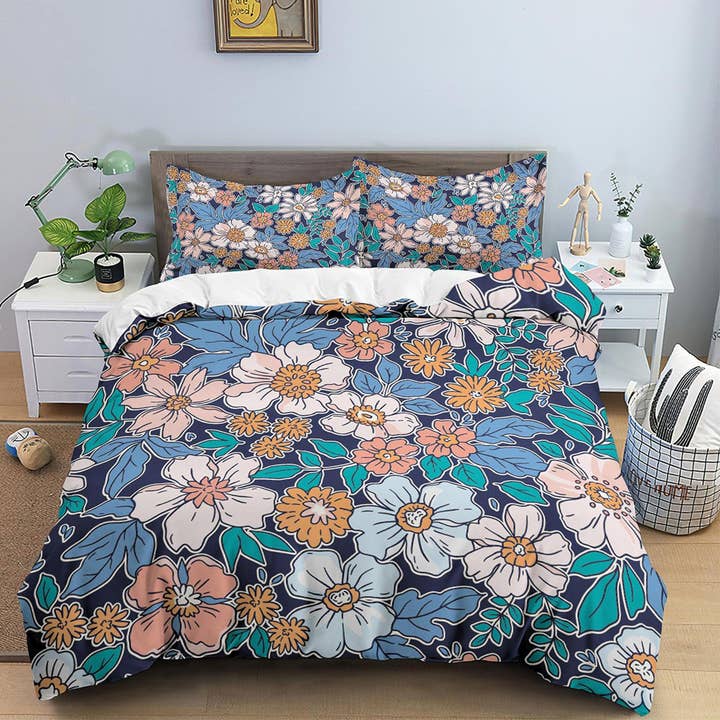 flickaktigt blommigt blått påslakan färgglada sängkläder, tonåring flicka sovrum, baby flicka spjälsäng sängkläder boho maximalistisk överkast estetiska sängkläder för wholesale av daintyduvet