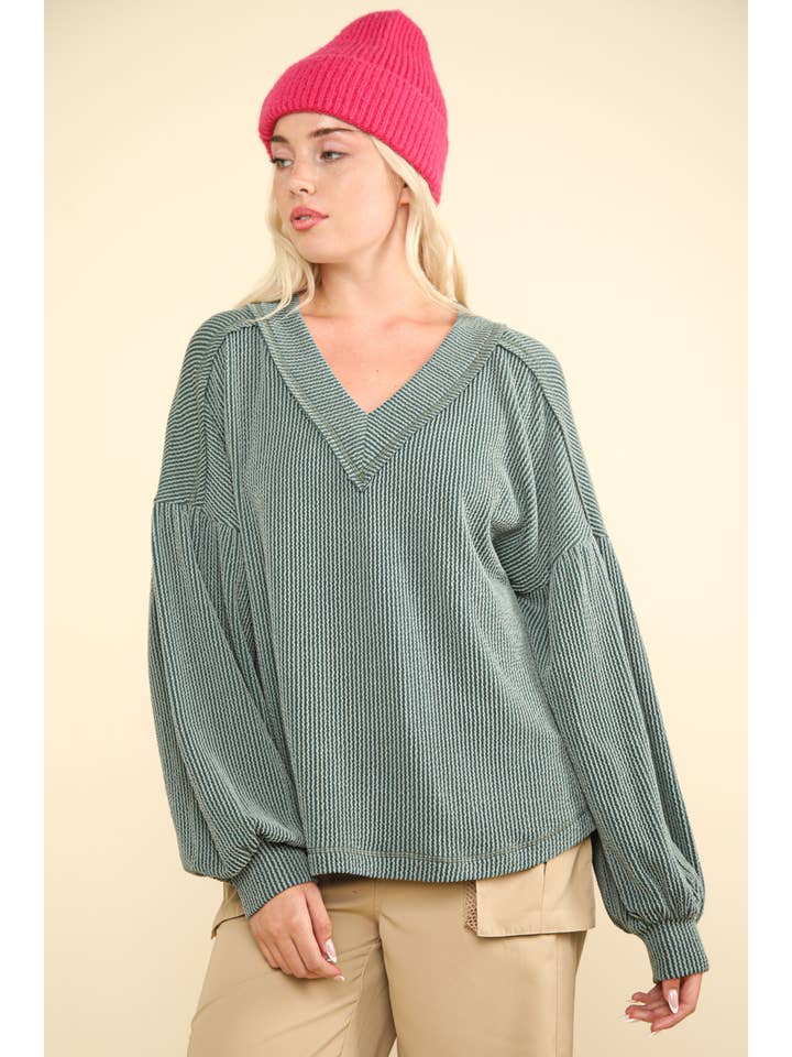 VERY J - Wholesale Knit Top - Women's - NT11946-Two Tone Otto Ribbed V-Neck Oversized Knit Top