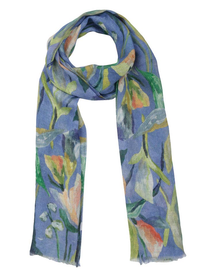 Azure Bloom Hand-Painted Floral Pure Linen Scarf | Artistic Designer Wrap for wholesale by Namaskar Australia