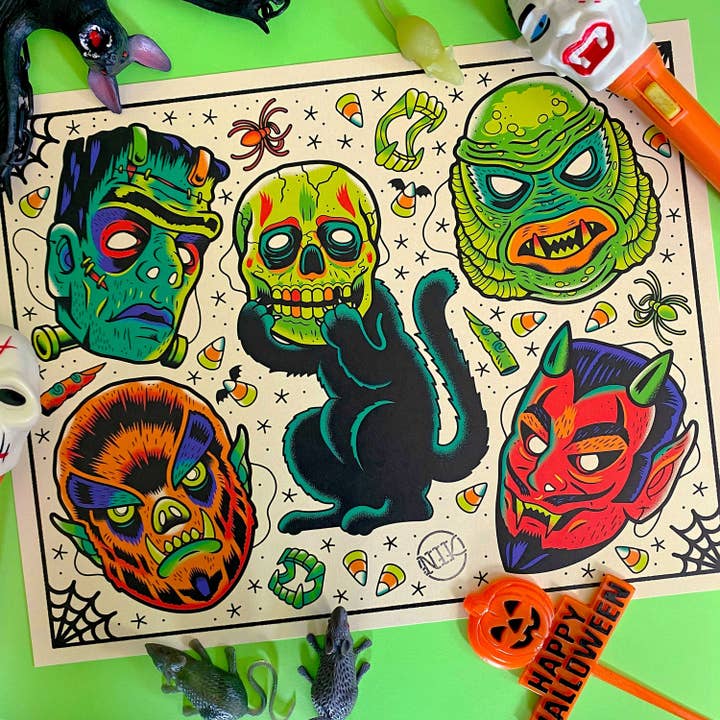 Dumb Junk - Wholesale Art Print - Vintage Halloween Masks Tattoo Flash Art Print 11x141