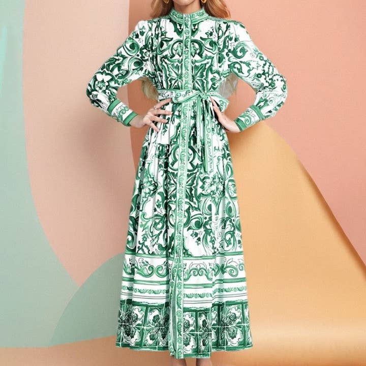 Plush Looks - Wholesale Dress - Women's - Lantern Sleeve Printed Cinched Waist Long Sleeve Dress2