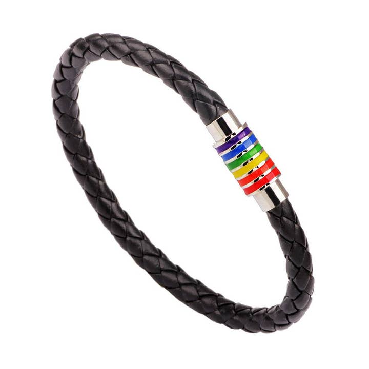 Perimade & Co. LLC - Wholesale Woven/Braided Bracelet - Rainbow LGBTQ Pride Bracelet in Stainless Steel, PU Leather1