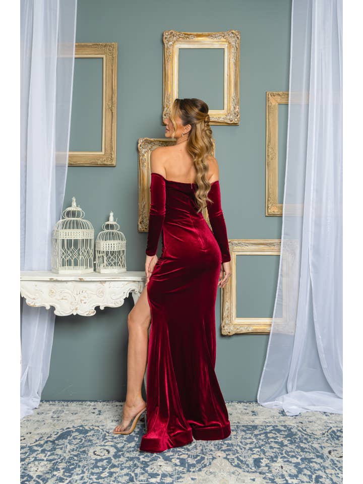 RICARICA INC. - Wholesale Dress - Women's - 9585P1-XL ONLY VELVET OFF SHOULDER LONG SLEEVE MAXI DRESS