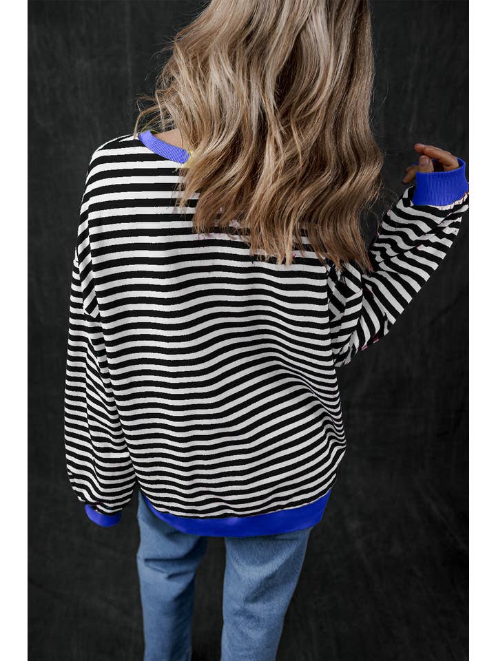 Amaryllis Apparel - Wholesale Sweatshirt - Women's - Stripe Oversized Contrast Trim Pullover Sweatshirt7