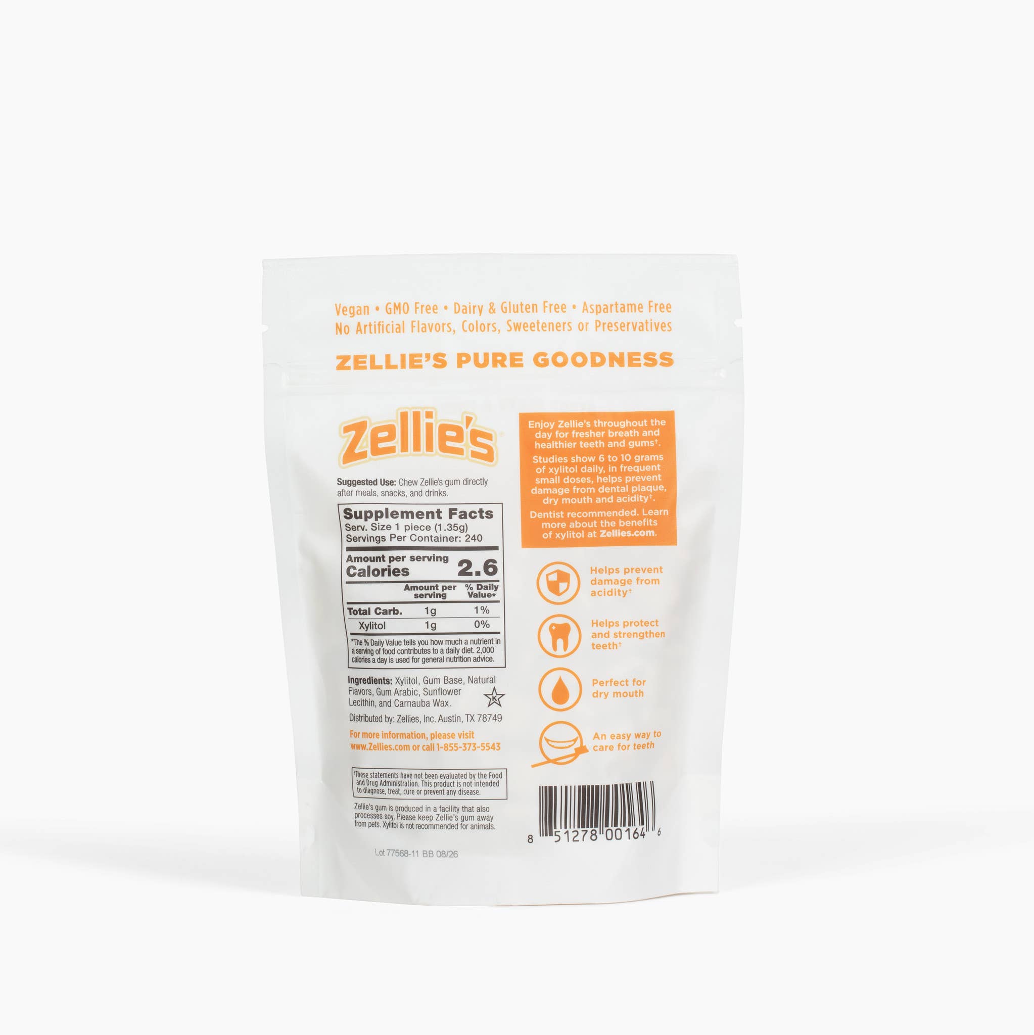 Zellie's - Wholesale Chewing Gum - Zellie's Xylitol Dental Gum - Fresh Fruit Gum 240ct Pouch2