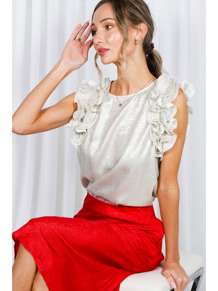 Vine & Love - Vendita all'ingrosso Camicetta - Donna - Blusa senza maniche metallizzata in tessuto intrecciato con volant plissettati VT60373A2