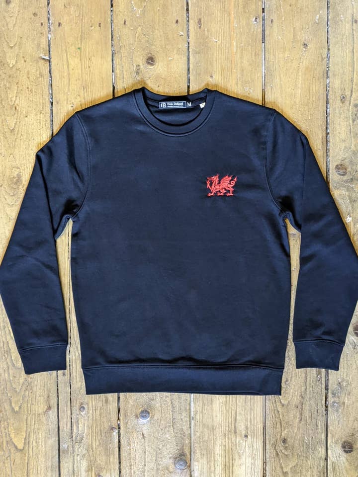 Draig Goch Adults Unisex Organic Sweatshirt | Embroidered Welsh Dragon St Davids Day Sweatshirt for wholesale by Helz Defined