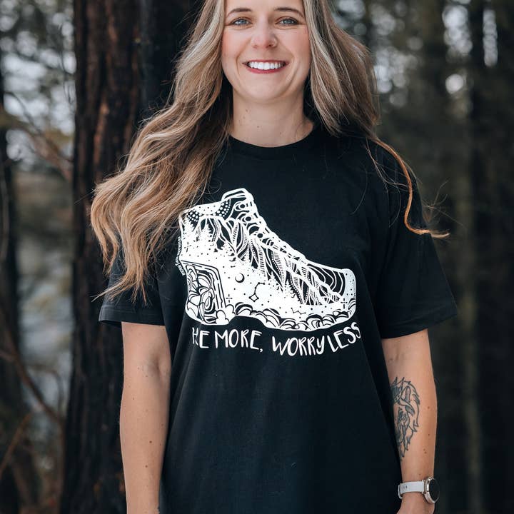 Hike More, Worry Less; Unisex T-shirt, Responsibly Made for wholesale by Mountain Mornings