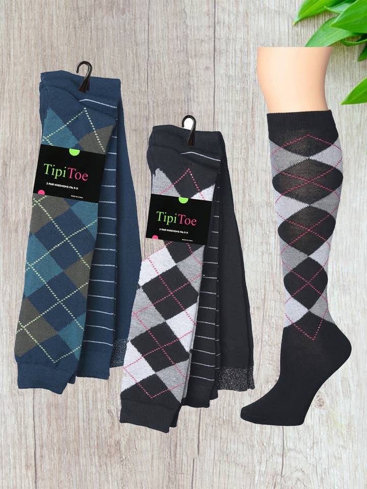 Pacote com 3 meias femininas tipi toe estampadas até o joelho por atacado de Isadora, Tipi toe, & James Fiallo