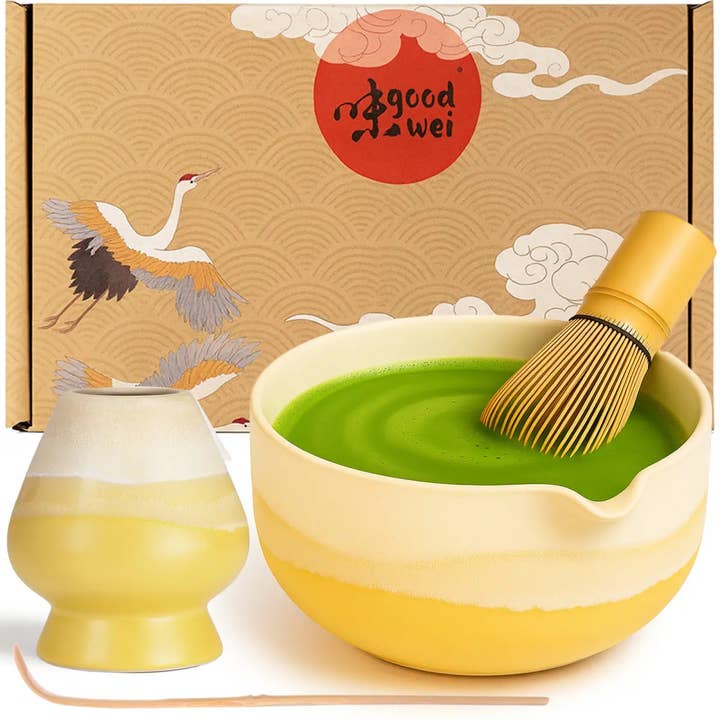 Juego de matcha "Fuji Yellow" con batidor de 80 cerdas y soporte para venta al por mayor de good wei