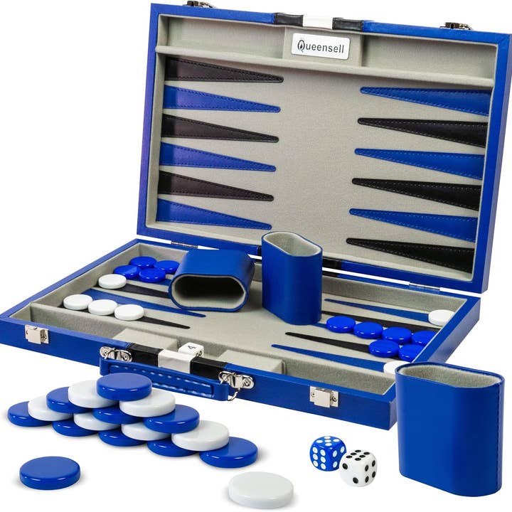 Backgammon Sets for Adults - 15-Inch Blue PU Leather for wholesale by Queensell