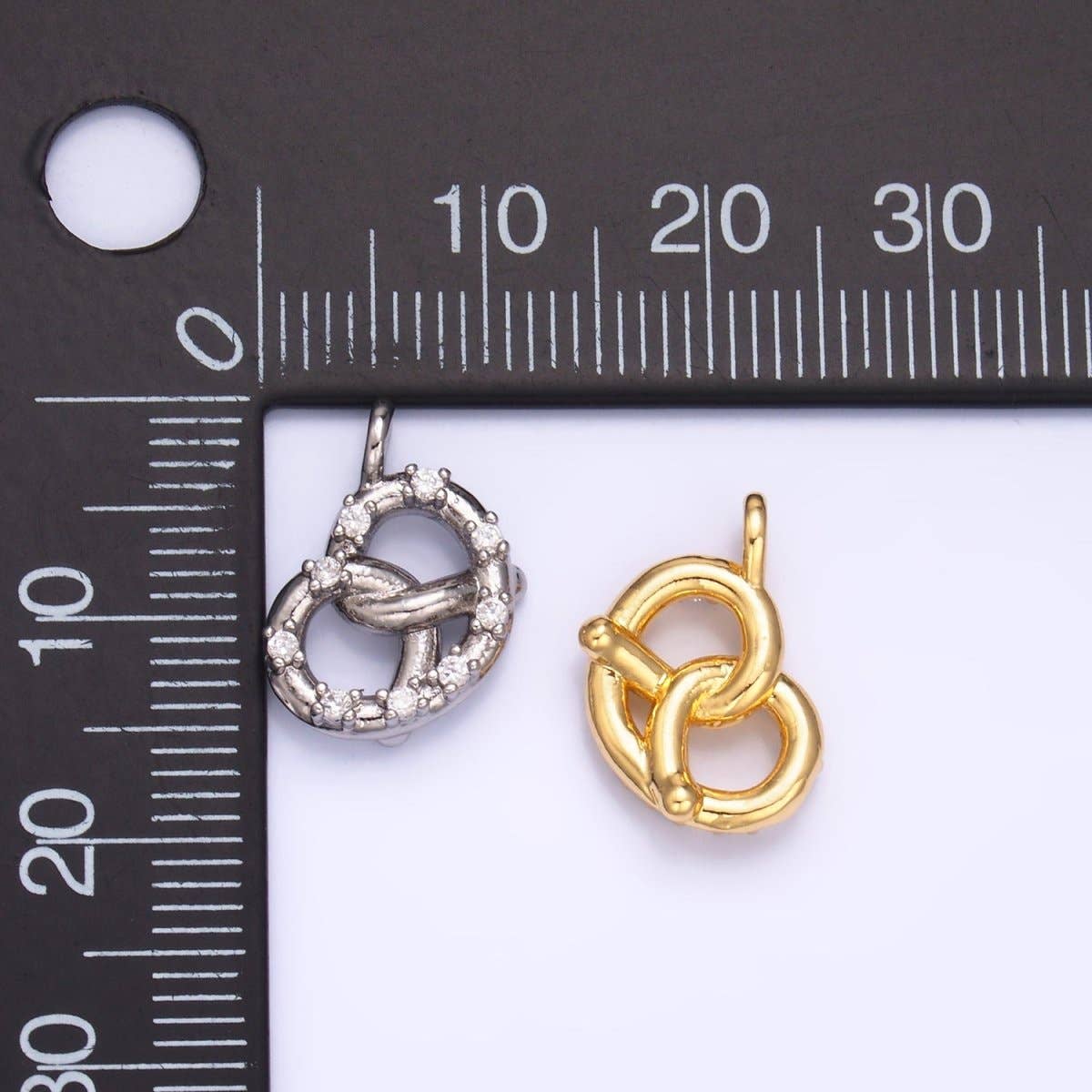 Aim Eternal - Wholesale Individual Charm/Pendant - 24K Gold Filled CZ Pretzel Pastry Food Charm in Gold & Silver | W3404