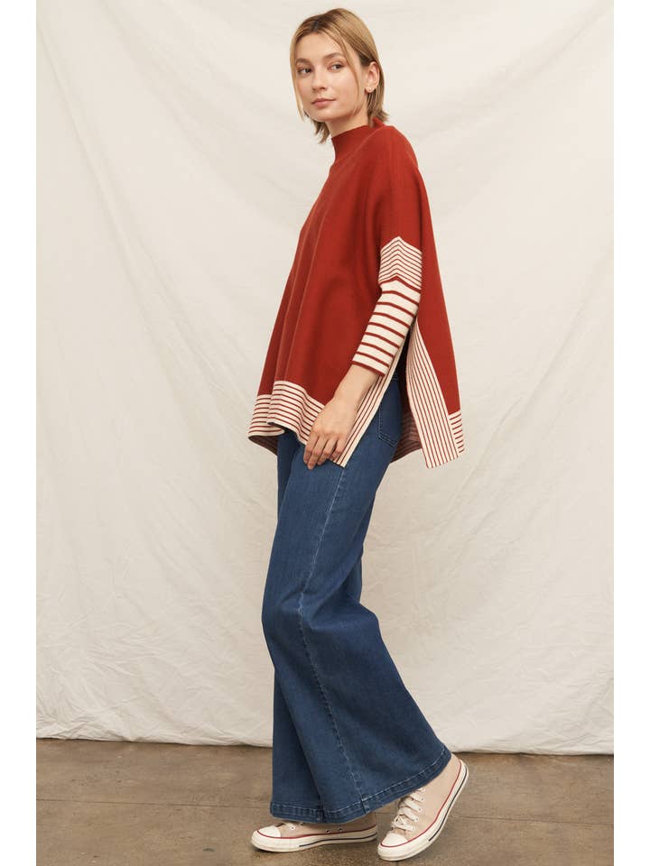 Rust Oversized Striped Knit Cape Sweater for wholesale on Faire7