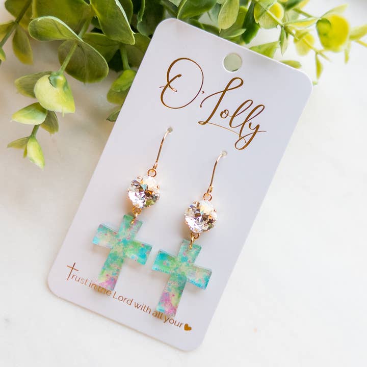 Pedra transparente com cruz acrílica em tons sombreados de turquesa, verde e rosa "Gabby" por atacado de O’Lolly Jewelry