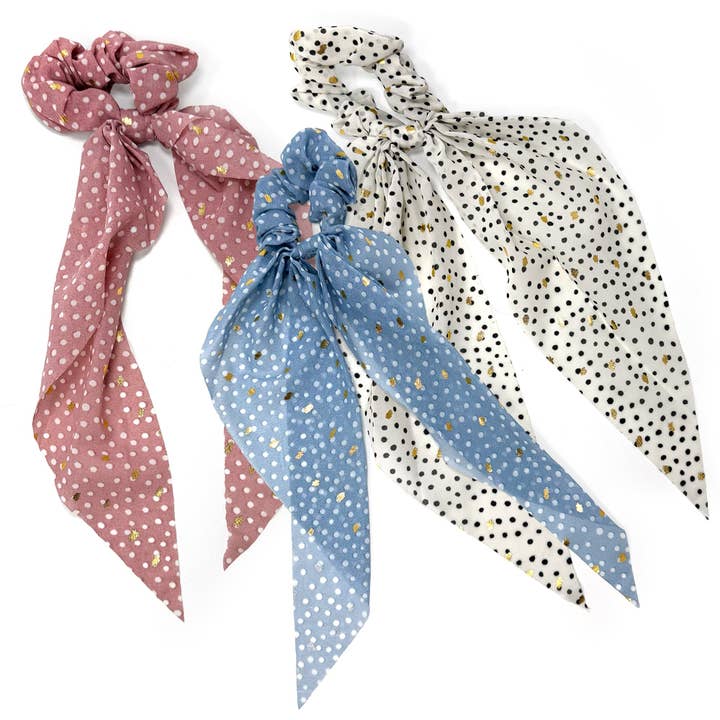 Mini Polka Dot Long Tail Scrunchie with Gold Flecks for wholesale by Rainbow Unicorn Birthday Surprise