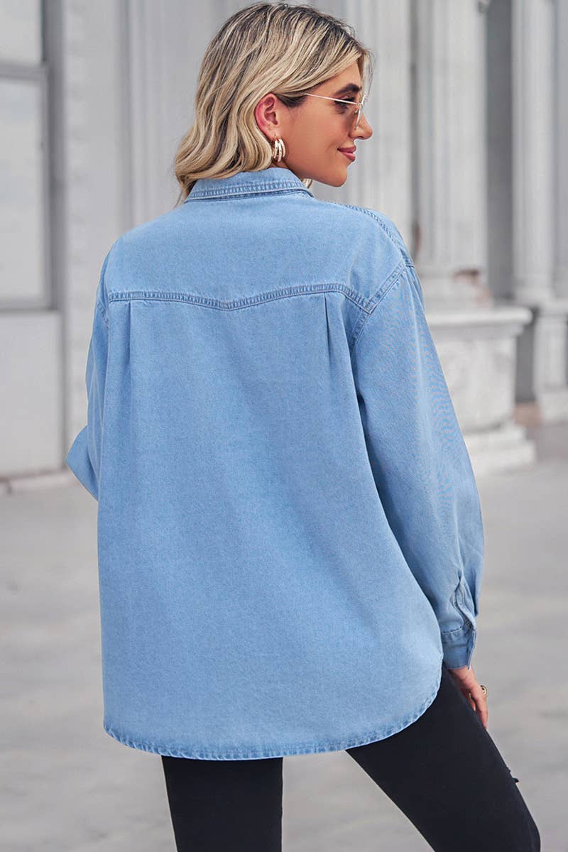 LIGHTBLUE Light-colored slim long sleeve basic denim shirt for wholesale on Faire6