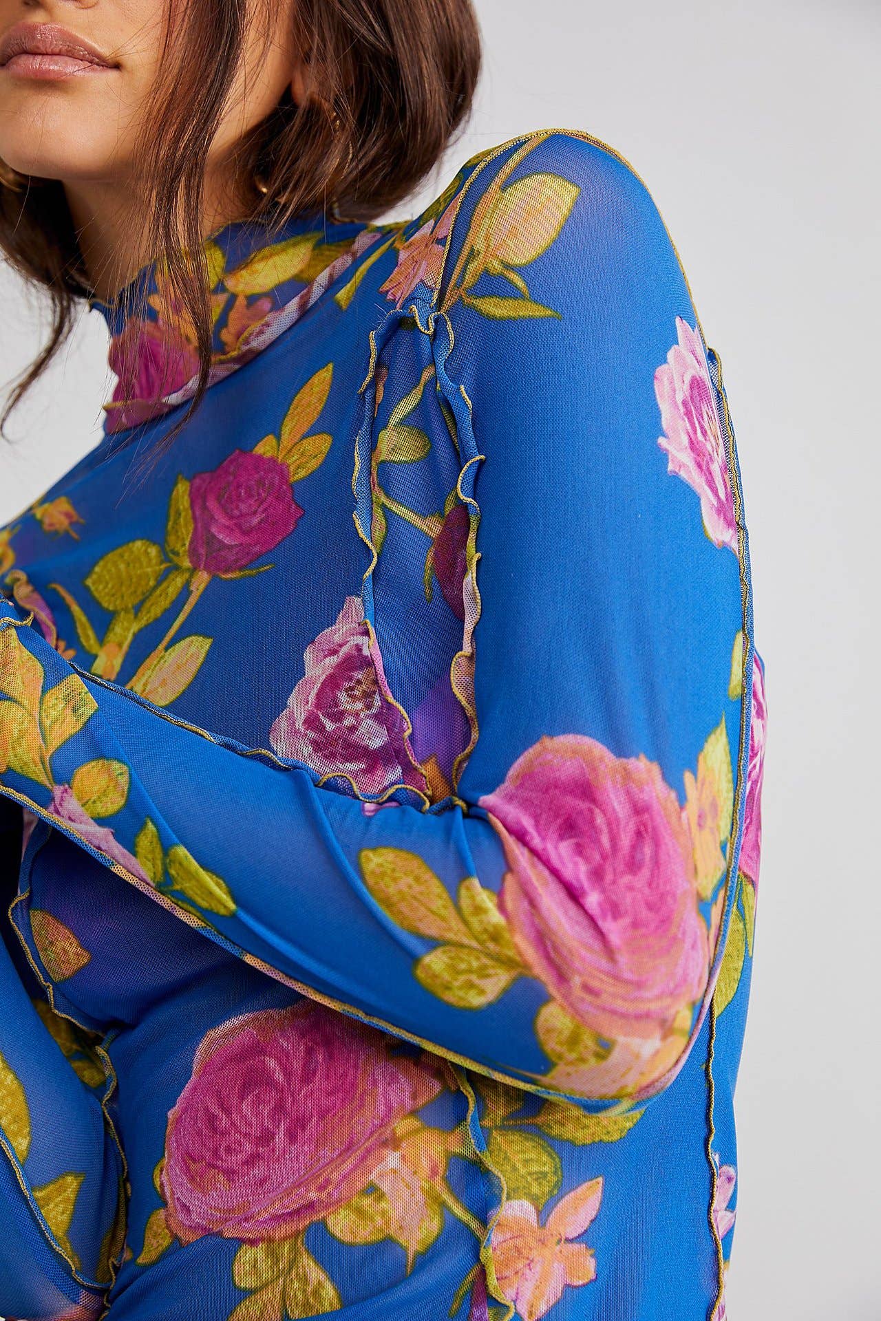 Rosa Clothing - Wholesale Knit Top - Women's - Slim-Fit Sheer Botanical Floral Print Turtleneck Top7