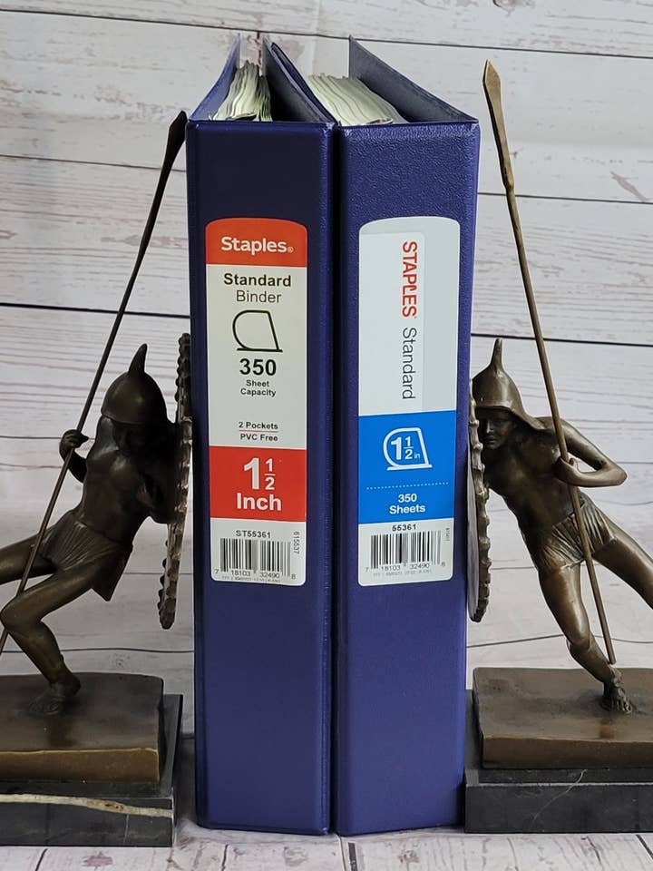 Gladiator met schild en speer Bronzen metalen PAAR tegengestelde boekensteunsculpturen 11" x 9" voor wholesale door Bronzhaus
